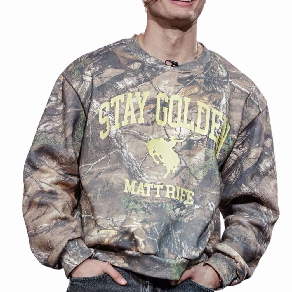Matt Rife Stay Golden Camo Crewneck Sweatshirt XL Brown Yellow Graphic Print